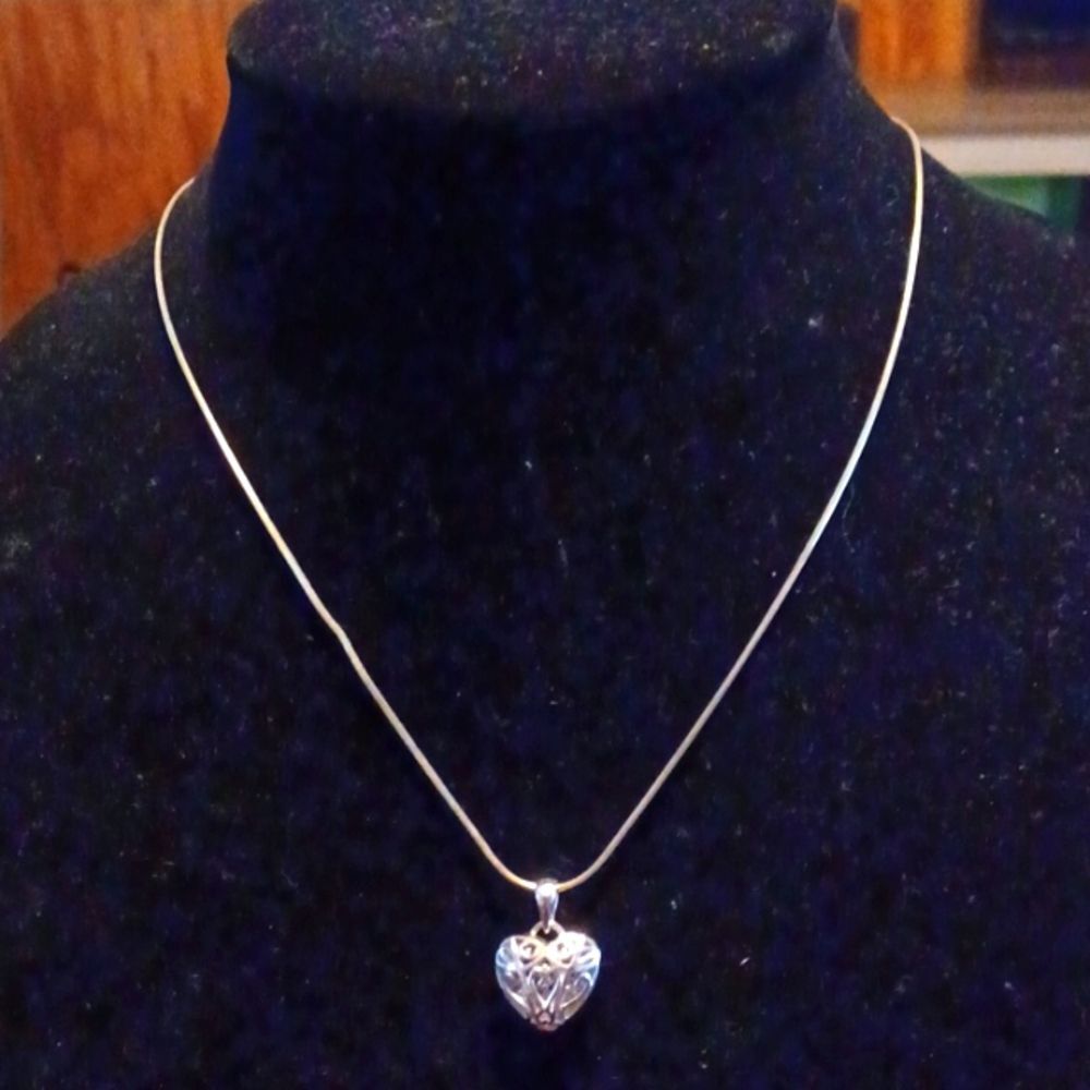 Women's Sterling Silver Heart Double Sided Necklace On Serpentine Chain 20 Inch